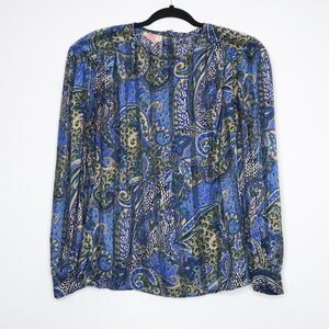 Tess Womens Blouse Size 12 Blue Paisley Sheer Striped Boho Peasant Office Career